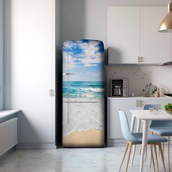 Naklejka na lodówkę turkusowe fale na piaszczystej plaży – Wallissimo® Naklejka na lodówkę turkusowe fale na piaszczystej plaży – Wallissimo®