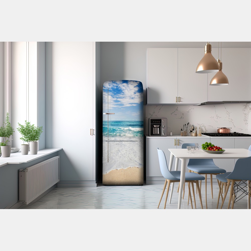 Naklejka na lodówkę turkusowe fale na piaszczystej plaży – Wallissimo® Naklejka na lodówkę turkusowe fale na piaszczystej plaży – Wallissimo®