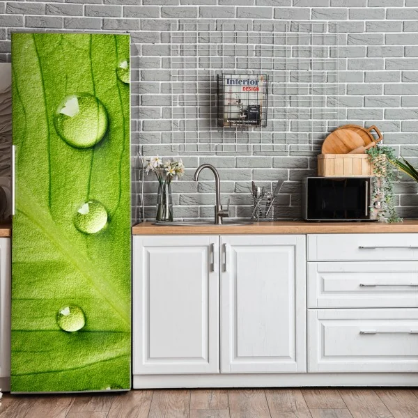 Naklejka na lodówkę świeży zielony liść z kroplami wody – Wallissimo® Naklejka na lodówkę świeży zielony liść z kroplami wody – Wallissimo®