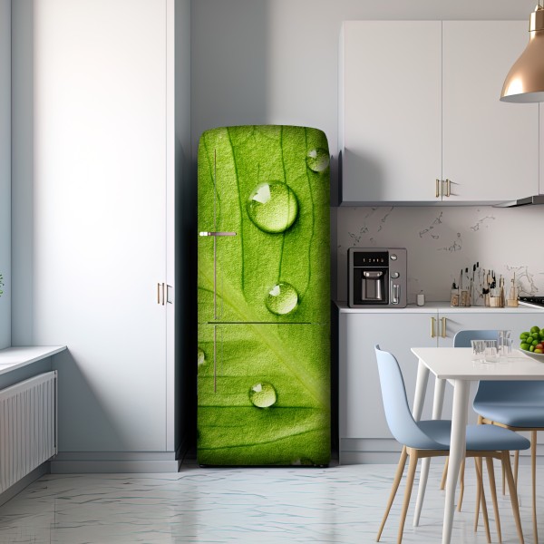 Naklejka na lodówkę świeży zielony liść z kroplami wody – Wallissimo® Naklejka na lodówkę świeży zielony liść z kroplami wody – Wallissimo®