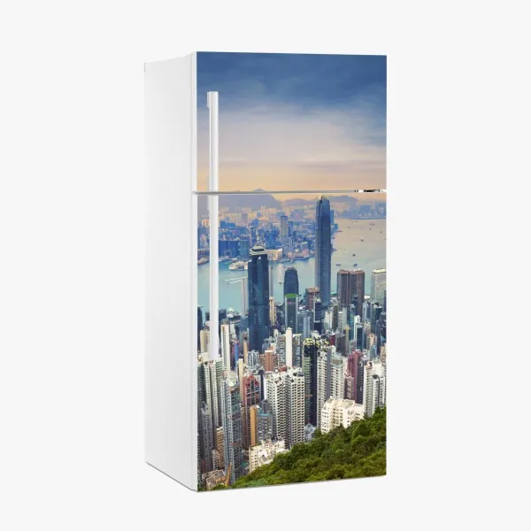 Naklejka na lodówkę Hong Kong panorama miasta o zmierzchu