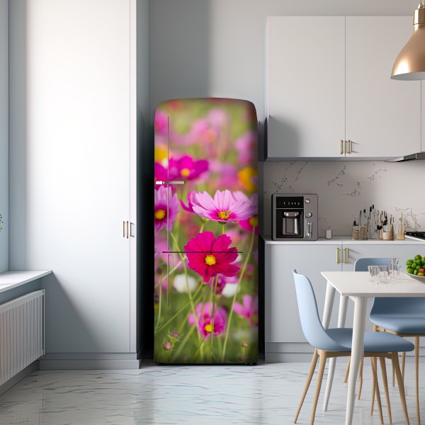 Naklejka na lodówkę różowa łąka kosmosów w rozkwicie – Wallissimo® Naklejka na lodówkę różowa łąka kosmosów w rozkwicie – Wallissimo®