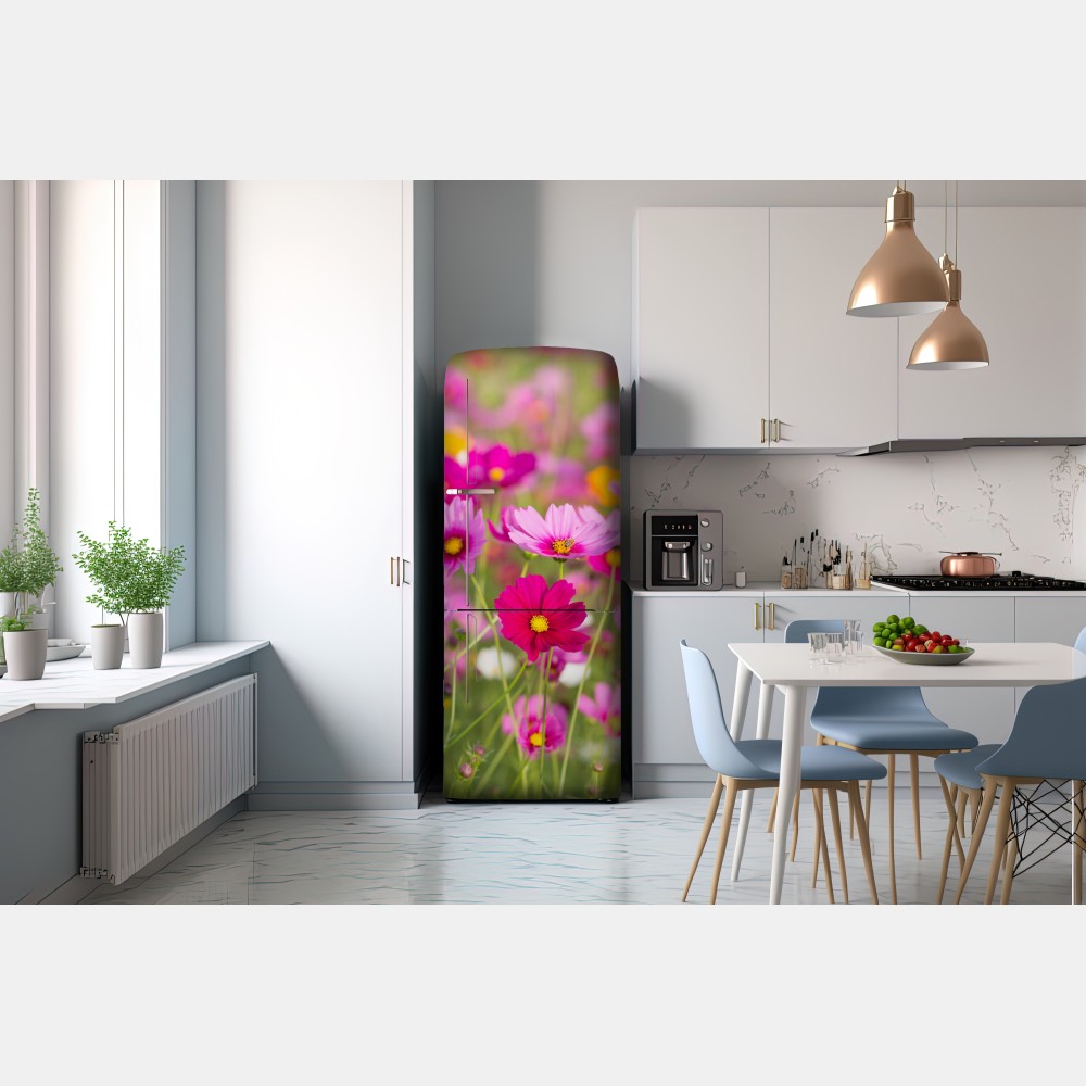 Naklejka na lodówkę różowa łąka kosmosów w rozkwicie – Wallissimo® Naklejka na lodówkę różowa łąka kosmosów w rozkwicie – Wallissimo®