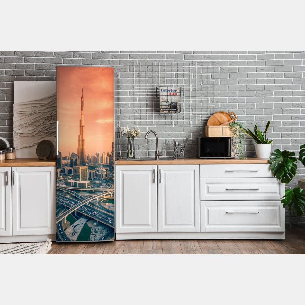 Naklejka na lodówkę panorama Dubaju o zachodzie słońca – Wallissimo® Naklejka na lodówkę panorama Dubaju o zachodzie słońca – Wallissimo®