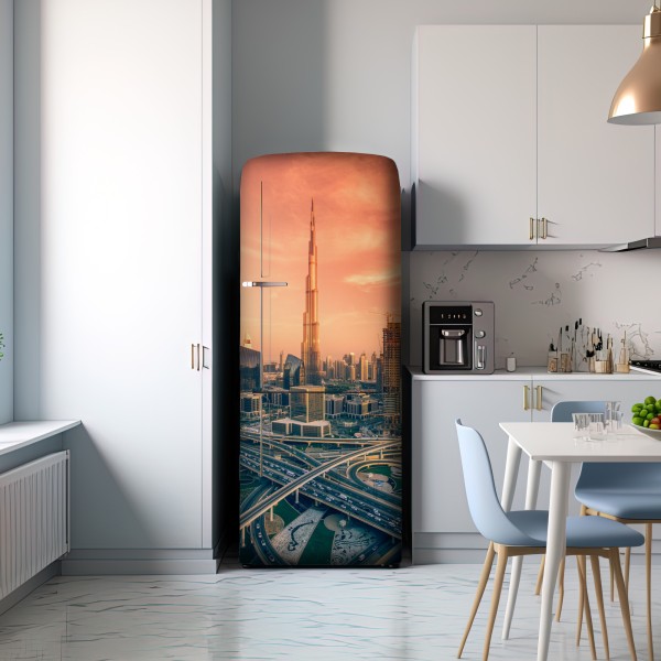 Naklejka na lodówkę panorama Dubaju o zachodzie słońca – Wallissimo® Naklejka na lodówkę panorama Dubaju o zachodzie słońca – Wallissimo®