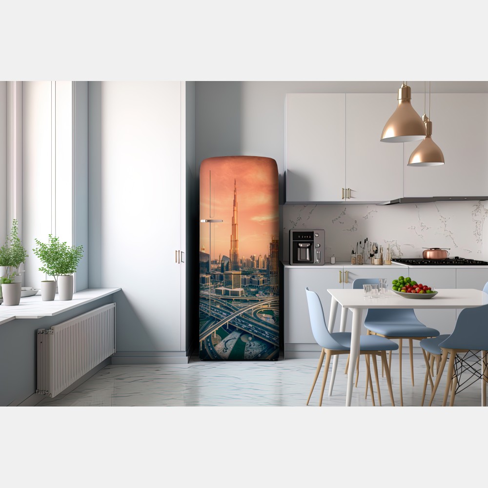 Naklejka na lodówkę panorama Dubaju o zachodzie słońca – Wallissimo® Naklejka na lodówkę panorama Dubaju o zachodzie słońca – Wallissimo®