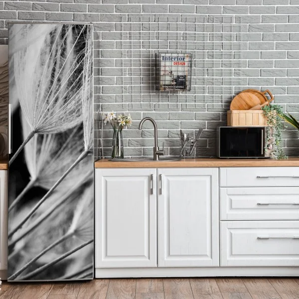 Naklejka na lodówkę delikatne zbliżenie nasion dmuchawca czarno-białe – Wallissimo® Naklejka na lodówkę delikatne zbliżenie nasion dmuchawca czarno-białe – Wallissimo®