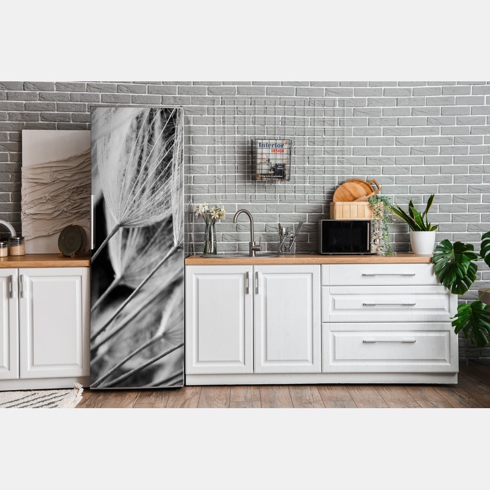 Naklejka na lodówkę delikatne zbliżenie nasion dmuchawca czarno-białe – Wallissimo® Naklejka na lodówkę delikatne zbliżenie nasion dmuchawca czarno-białe – Wallissimo®