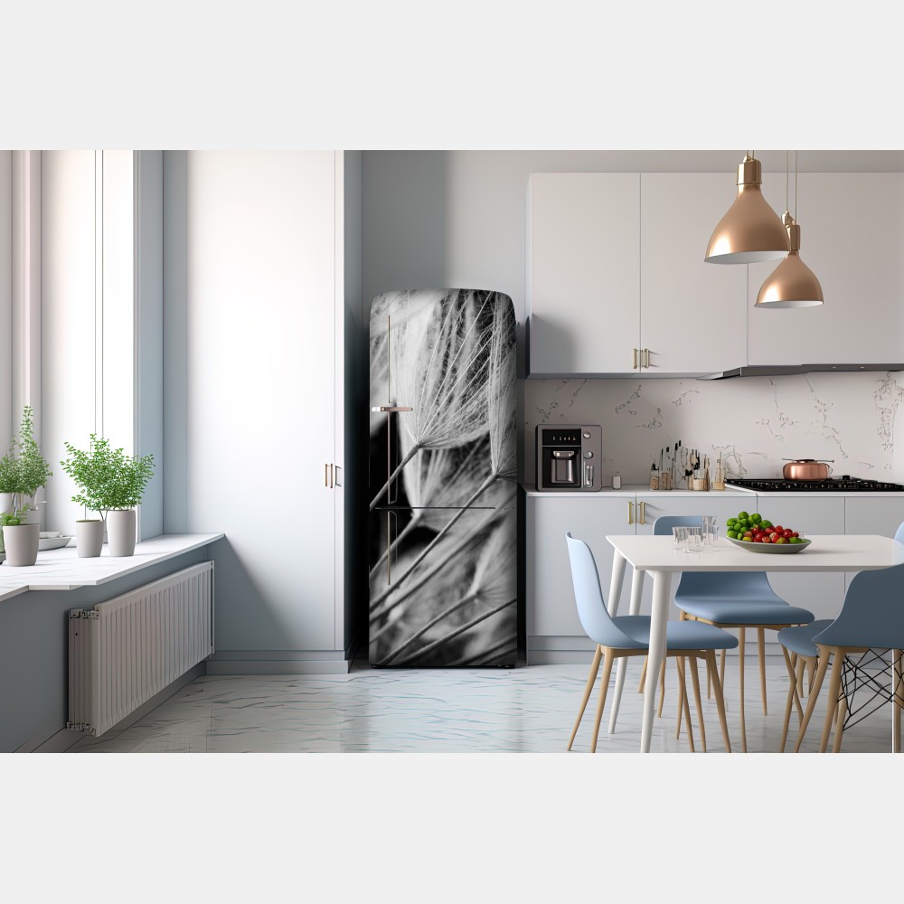 Naklejka na lodówkę delikatne zbliżenie nasion dmuchawca czarno-białe – Wallissimo® Naklejka na lodówkę delikatne zbliżenie nasion dmuchawca czarno-białe – Wallissimo®