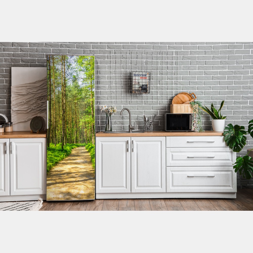 Naklejka na lodówkę słoneczna leśna ścieżka wśród sosen – Wallissimo® Naklejka na lodówkę słoneczna leśna ścieżka wśród sosen – Wallissimo®