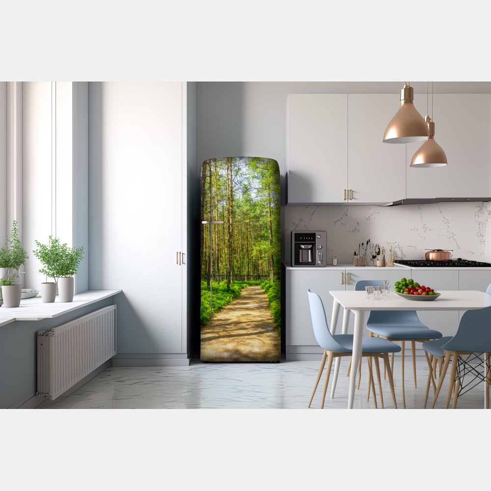 Naklejka na lodówkę słoneczna leśna ścieżka wśród sosen – Wallissimo® Naklejka na lodówkę słoneczna leśna ścieżka wśród sosen – Wallissimo®