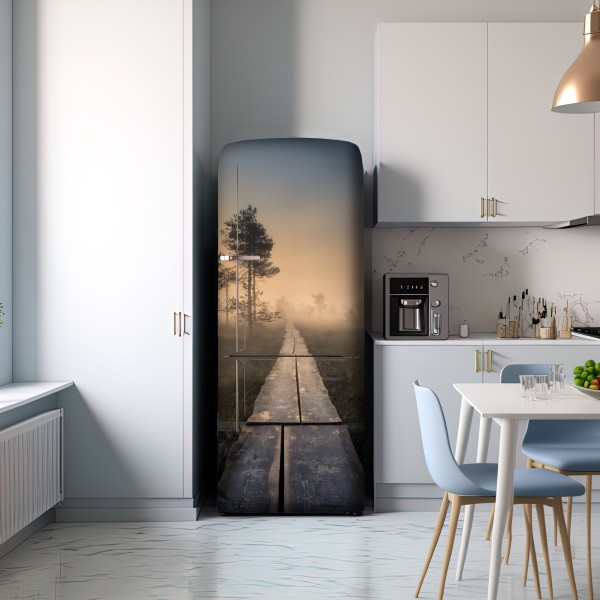 Naklejka na lodówkę mglisty wschód słońca nad drewnianą kładką – Wallissimo® Naklejka na lodówkę mglisty wschód słońca nad drewnianą kładką – Wallissimo®