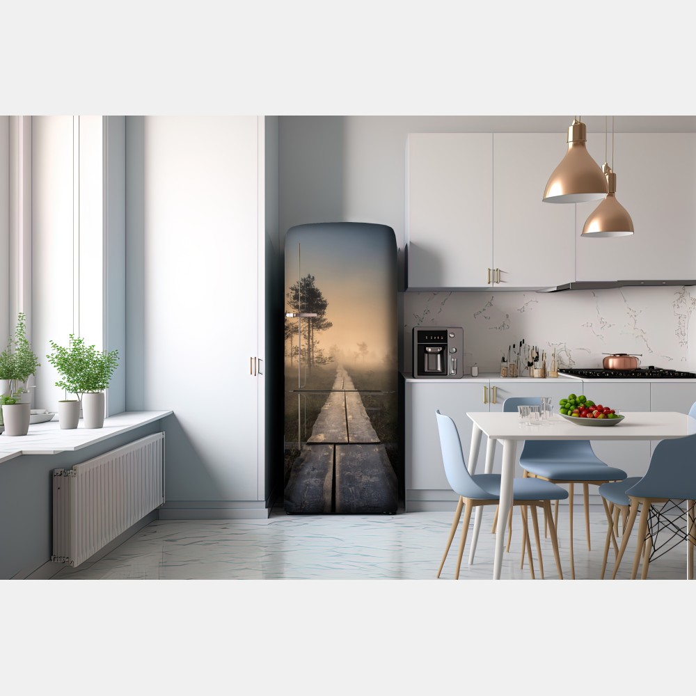 Naklejka na lodówkę mglisty wschód słońca nad drewnianą kładką – Wallissimo® Naklejka na lodówkę mglisty wschód słońca nad drewnianą kładką – Wallissimo®