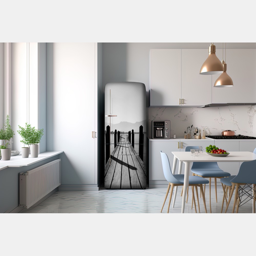 Naklejka na lodówkę spokojny pomost nad jeziorem w czerni i bieli – Wallissimo® Naklejka na lodówkę spokojny pomost nad jeziorem w czerni i bieli – Wallissimo®