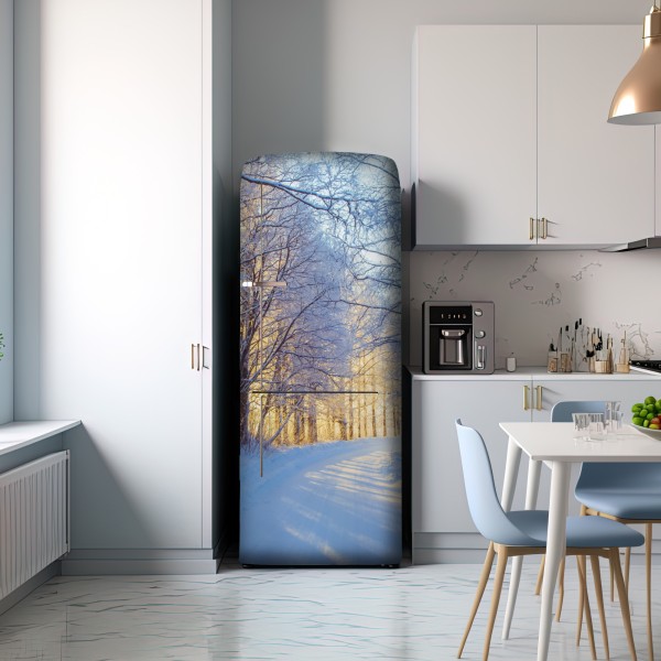 Naklejka na lodówkę zimowy las brzozowy ze złotym świtem – Wallissimo® Naklejka na lodówkę zimowy las brzozowy ze złotym świtem – Wallissimo®