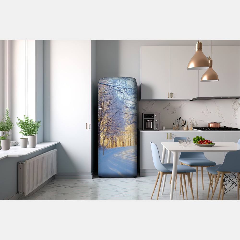 Naklejka na lodówkę zimowy las brzozowy ze złotym świtem – Wallissimo® Naklejka na lodówkę zimowy las brzozowy ze złotym świtem – Wallissimo®