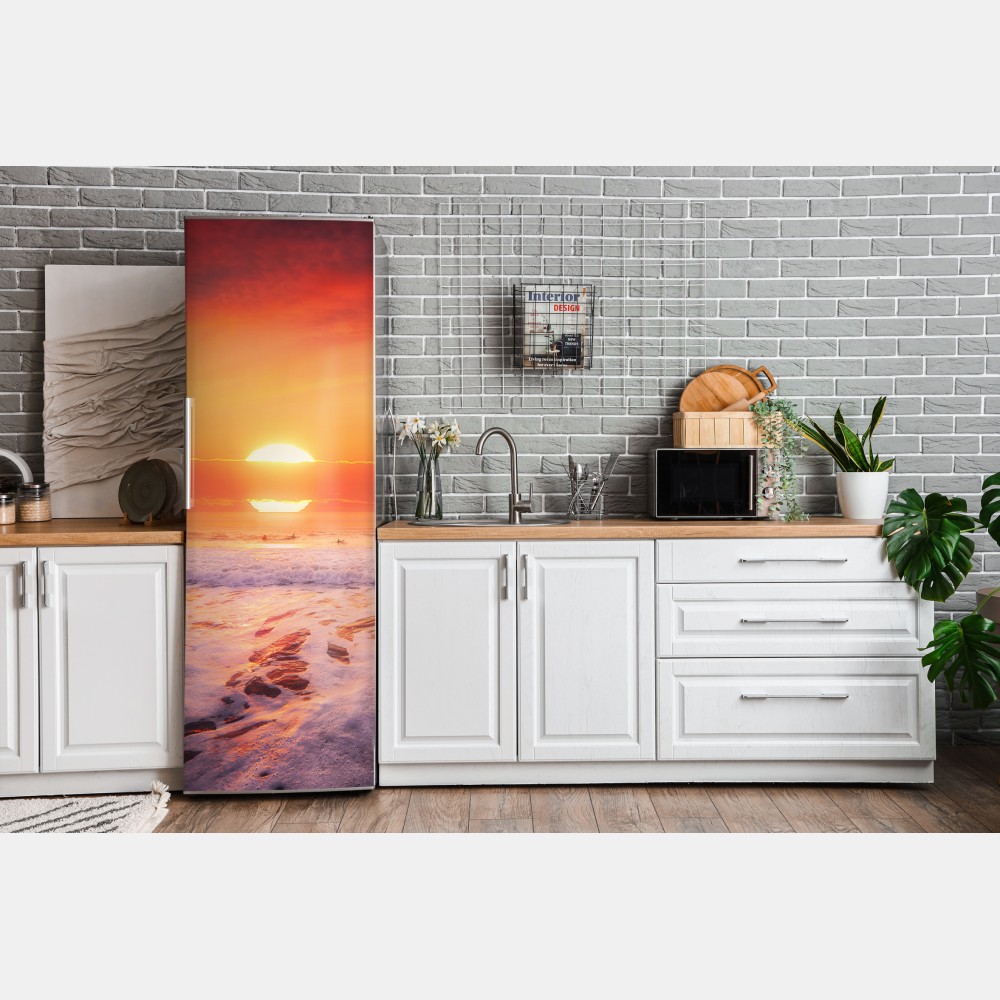 Naklejka na lodówkę złoty zachód słońca nad spokojną plażą – Wallissimo® Naklejka na lodówkę złoty zachód słońca nad spokojną plażą – Wallissimo®