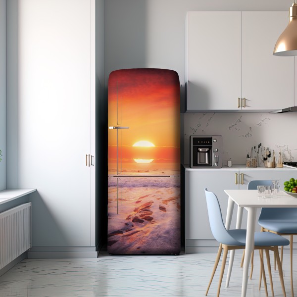 Naklejka na lodówkę złoty zachód słońca nad spokojną plażą – Wallissimo® Naklejka na lodówkę złoty zachód słońca nad spokojną plażą – Wallissimo®