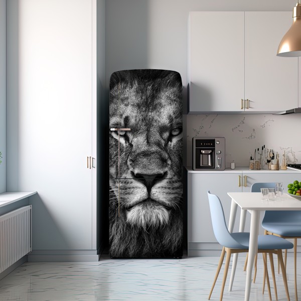 Naklejka na lodówkę majestatyczny portret lwa w monochromie – Wallissimo® Naklejka na lodówkę majestatyczny portret lwa w monochromie – Wallissimo®