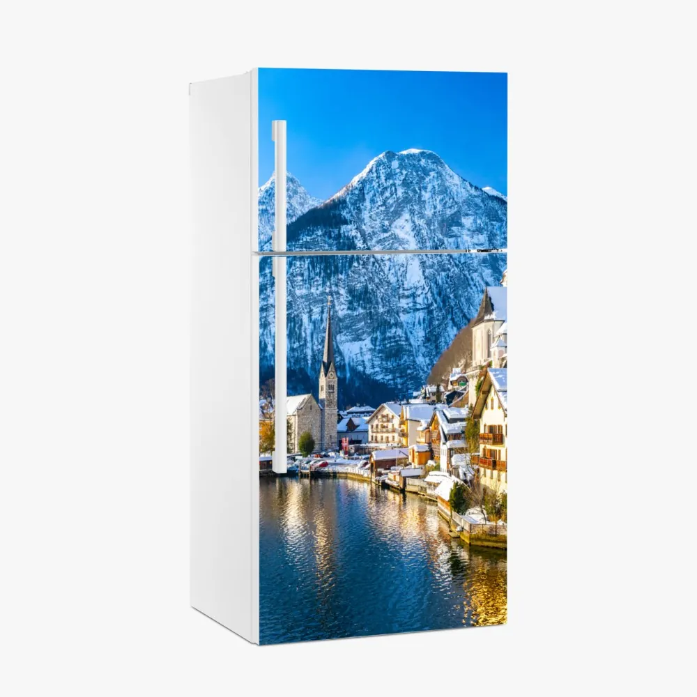Naklejka na lodówkę zimowy spokój w Hallstatt — alpejska wioska nad jeziorem – Wallissimo® Naklejka na lodówkę zimowy spokój w Hallstatt — alpejska wioska nad jeziorem – Wallissimo®