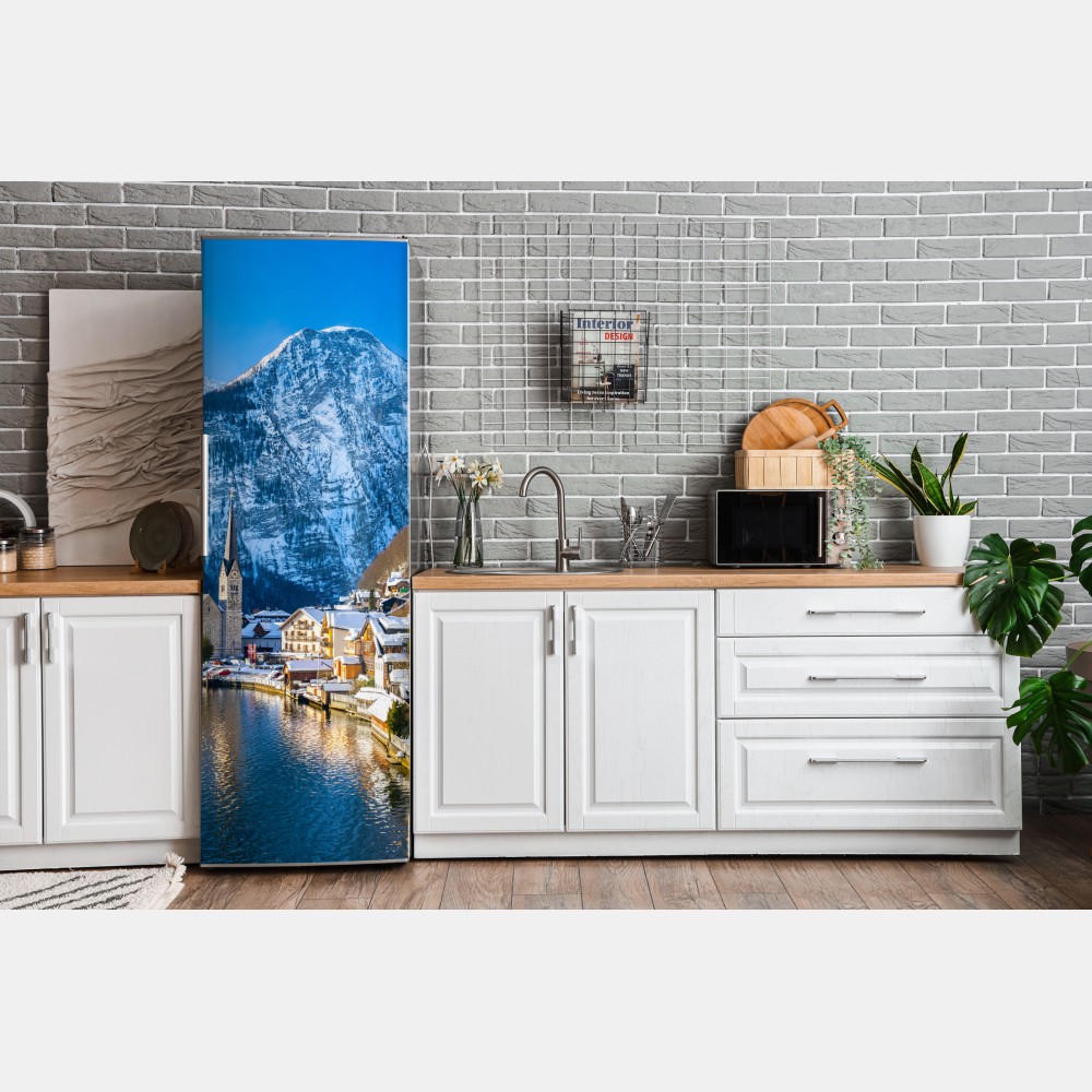 Naklejka na lodówkę zimowy spokój w Hallstatt — alpejska wioska nad jeziorem – Wallissimo® Naklejka na lodówkę zimowy spokój w Hallstatt — alpejska wioska nad jeziorem – Wallissimo®