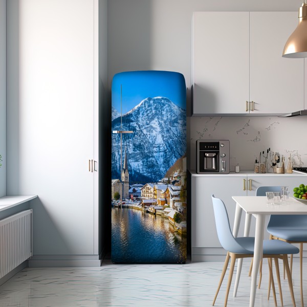 Naklejka na lodówkę zimowy spokój w Hallstatt — alpejska wioska nad jeziorem – Wallissimo® Naklejka na lodówkę zimowy spokój w Hallstatt — alpejska wioska nad jeziorem – Wallissimo®