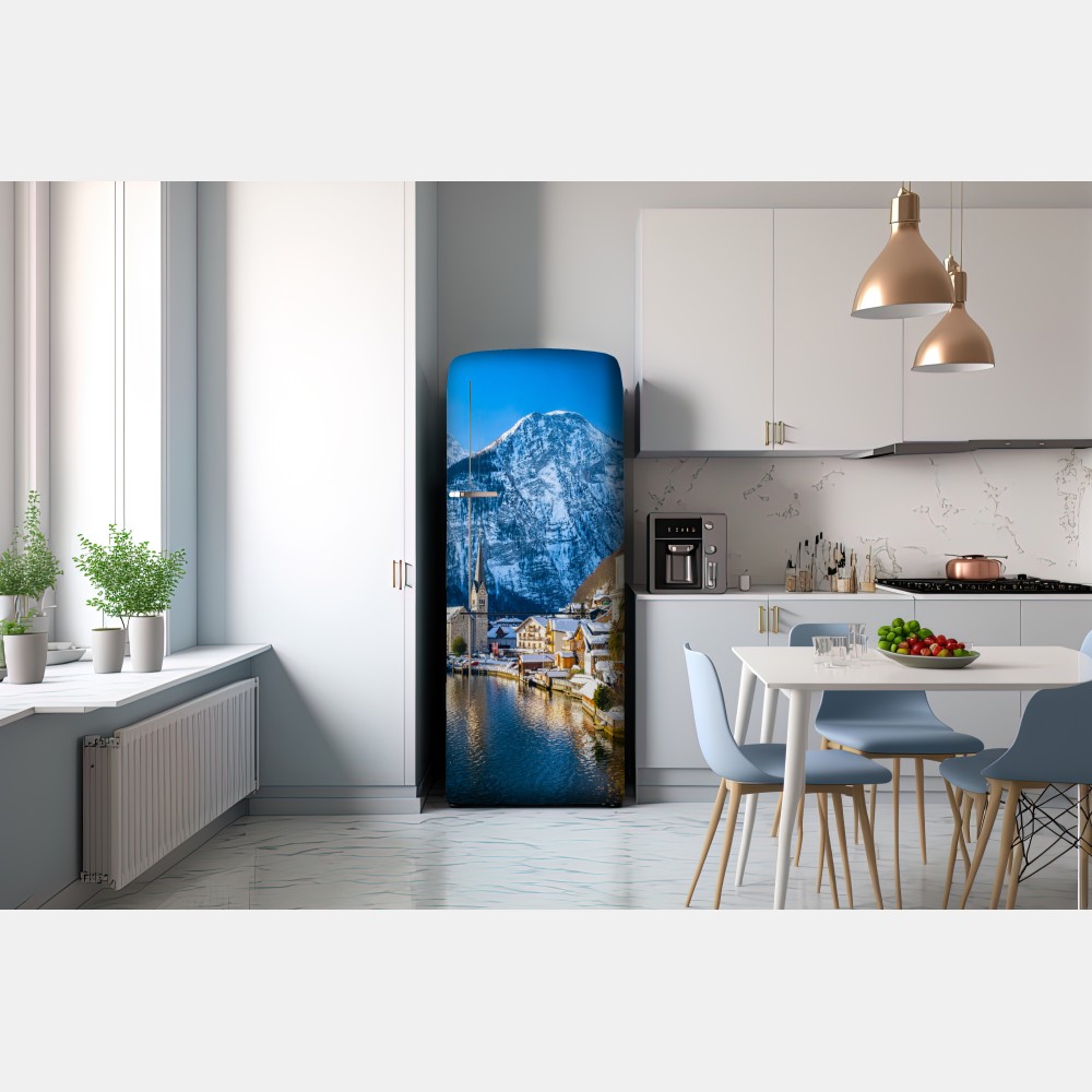 Naklejka na lodówkę zimowy spokój w Hallstatt — alpejska wioska nad jeziorem – Wallissimo® Naklejka na lodówkę zimowy spokój w Hallstatt — alpejska wioska nad jeziorem – Wallissimo®