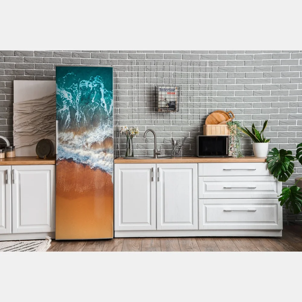 Naklejka na lodówkę lotnicze ujęcie turkusowych fal na piaszczystej plaży – Wallissimo® Naklejka na lodówkę lotnicze ujęcie turkusowych fal na piaszczystej plaży – Wallissimo®