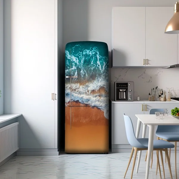 Naklejka na lodówkę lotnicze ujęcie turkusowych fal na piaszczystej plaży – Wallissimo® Naklejka na lodówkę lotnicze ujęcie turkusowych fal na piaszczystej plaży – Wallissimo®