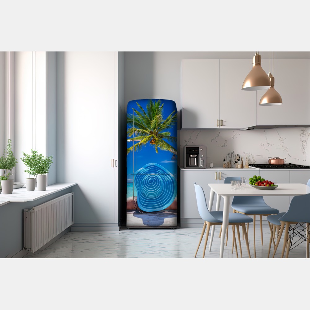 Naklejka na lodówkę tropikalna plaża z niebieskim kapeluszem – Wallissimo® Naklejka na lodówkę tropikalna plaża z niebieskim kapeluszem – Wallissimo®