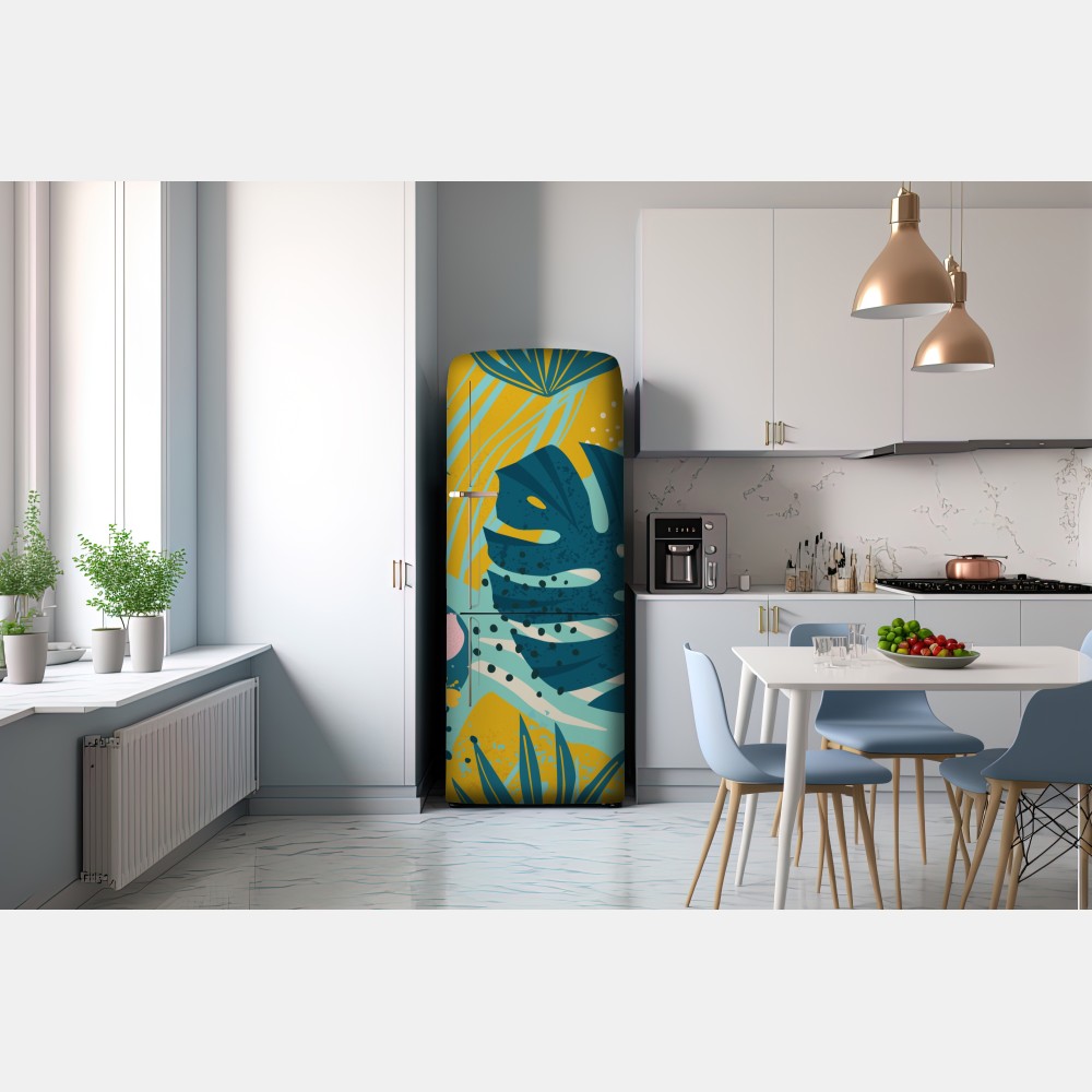 Naklejka na lodówkę tropikalne liście i kwiaty – Wallissimo® Naklejka na lodówkę tropikalne liście i kwiaty – Wallissimo®