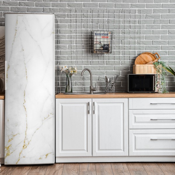 Naklejka na lodówkę biały marmur ze złotymi żyłkami – Wallissimo® Naklejka na lodówkę biały marmur ze złotymi żyłkami – Wallissimo®