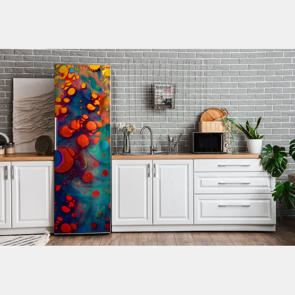 Naklejka na lodówkę żywe turkusowo-pomarańczowe marmurkowe dzieło – Wallissimo® Naklejka na lodówkę żywe turkusowo-pomarańczowe marmurkowe dzieło – Wallissimo®