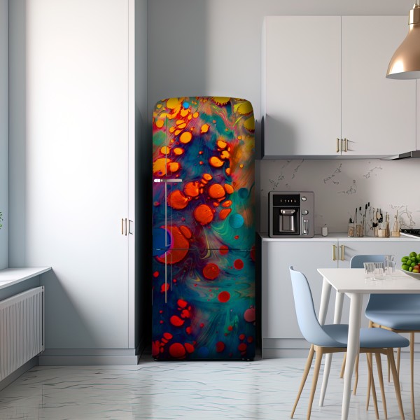 Naklejka na lodówkę żywe turkusowo-pomarańczowe marmurkowe dzieło – Wallissimo® Naklejka na lodówkę żywe turkusowo-pomarańczowe marmurkowe dzieło – Wallissimo®