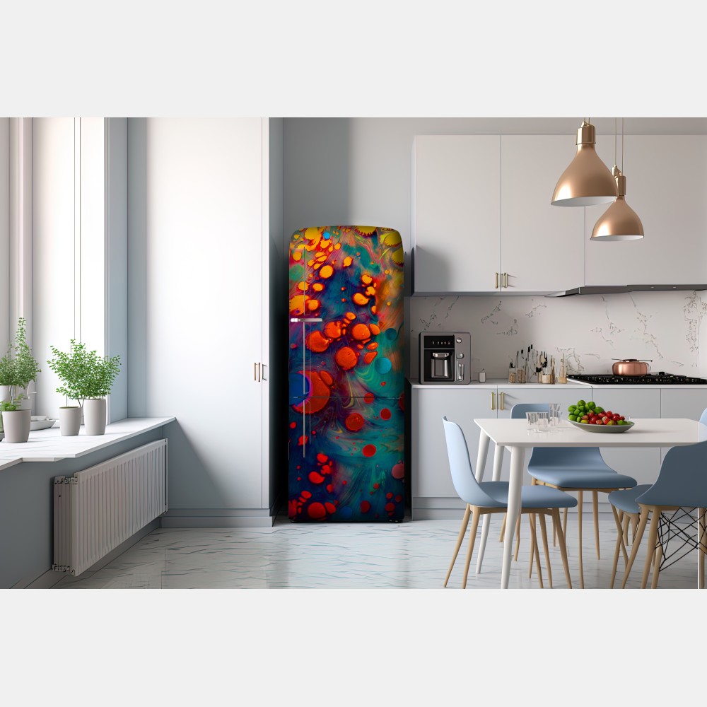 Naklejka na lodówkę żywe turkusowo-pomarańczowe marmurkowe dzieło – Wallissimo® Naklejka na lodówkę żywe turkusowo-pomarańczowe marmurkowe dzieło – Wallissimo®