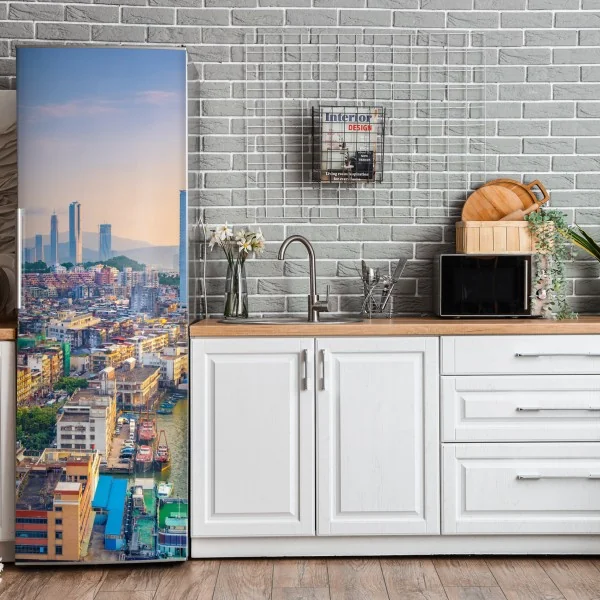 Naklejka na lodówkę turkusowe góry o złotych akcentach – Wallissimo®