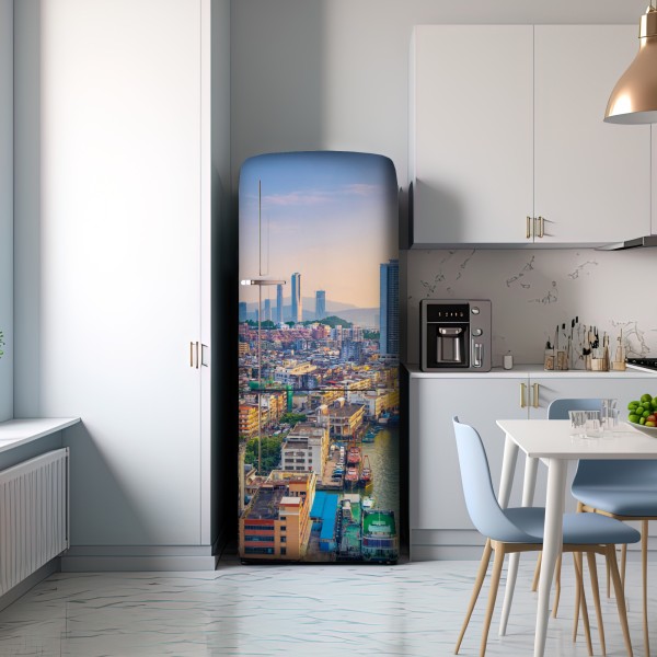 Naklejka na lodówkę Macao panorama miasta o zachodzie słońca – Wallissimo® Naklejka na lodówkę Macao panorama miasta o zachodzie słońca – Wallissimo®