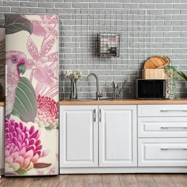 Naklejka na lodówkę różowa papuga i chryzantema - botaniczny motyw – Wallissimo® Naklejka na lodówkę różowa papuga i chryzantema - botaniczny motyw – Wallissimo®