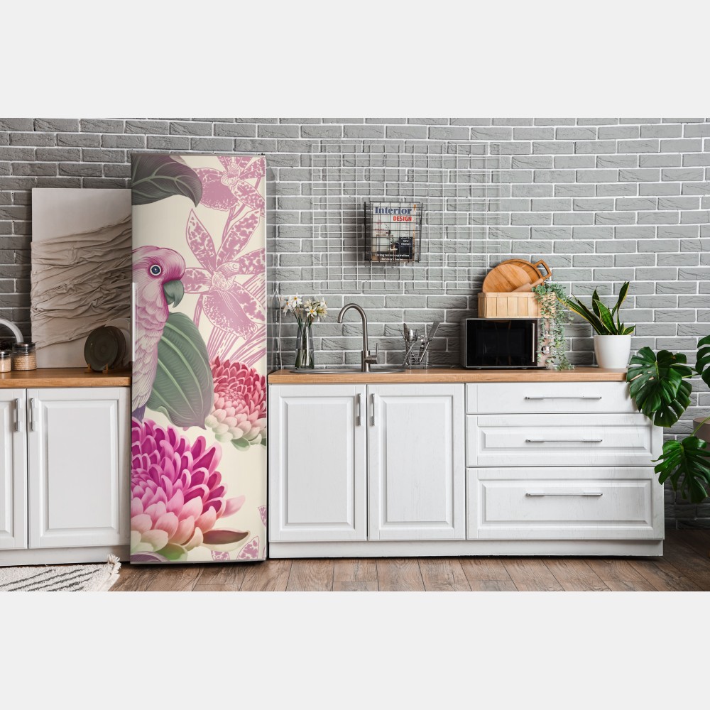 Naklejka na lodówkę różowa papuga i chryzantema - botaniczny motyw – Wallissimo® Naklejka na lodówkę różowa papuga i chryzantema - botaniczny motyw – Wallissimo®