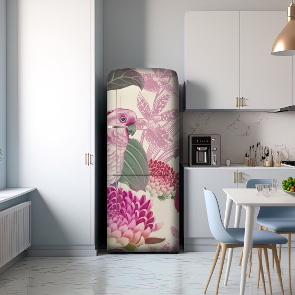 Naklejka na lodówkę różowa papuga i chryzantema - botaniczny motyw – Wallissimo® Naklejka na lodówkę różowa papuga i chryzantema - botaniczny motyw – Wallissimo®
