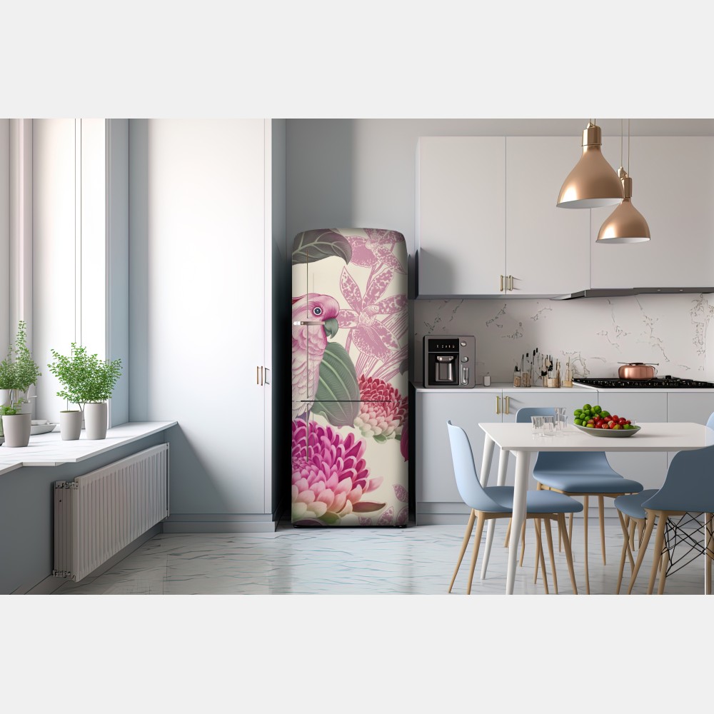 Naklejka na lodówkę różowa papuga i chryzantema - botaniczny motyw – Wallissimo® Naklejka na lodówkę różowa papuga i chryzantema - botaniczny motyw – Wallissimo®
