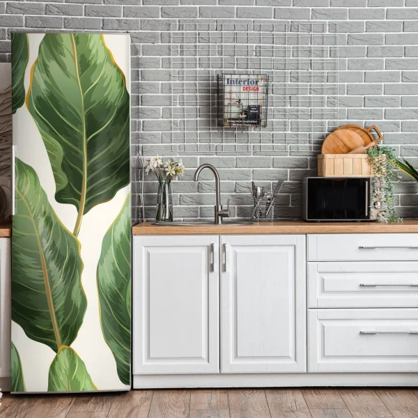 Naklejka na lodówkę tropikalny wzór z liśćmi bananowca – Wallissimo® Naklejka na lodówkę tropikalny wzór z liśćmi bananowca – Wallissimo®