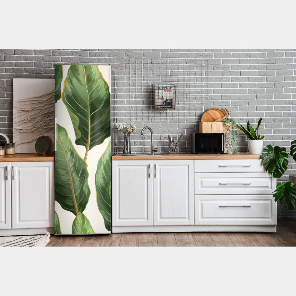 Naklejka na lodówkę tropikalny wzór z liśćmi bananowca – Wallissimo® Naklejka na lodówkę tropikalny wzór z liśćmi bananowca – Wallissimo®