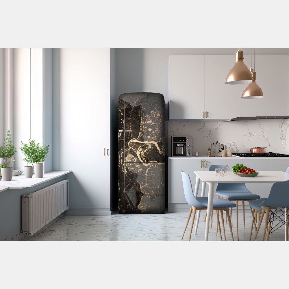 Naklejka na lodówkę luksusowy czarno-złoty marmur abstrakcyjny – Wallissimo® Naklejka na lodówkę luksusowy czarno-złoty marmur abstrakcyjny – Wallissimo®