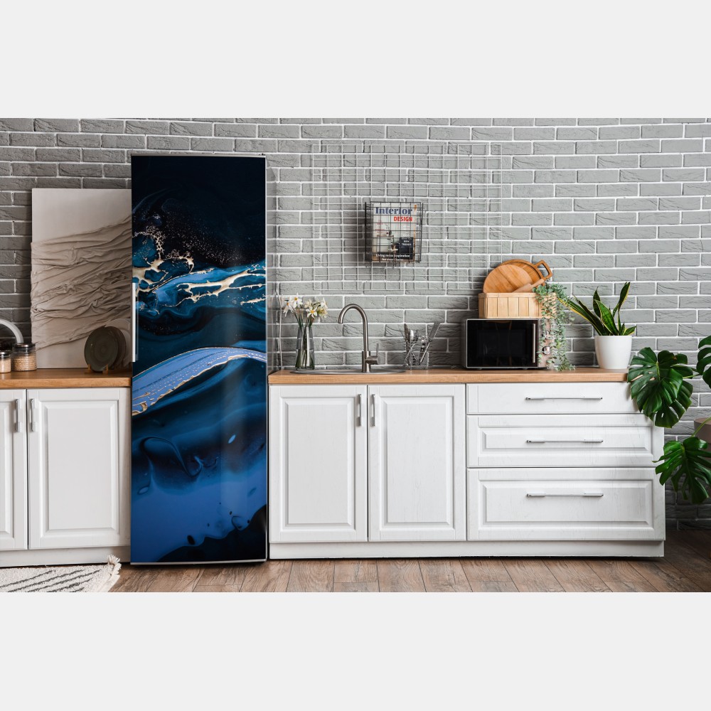 Naklejka na lodówkę granatowo-złota abstrakcja w ruchu – Wallissimo® Naklejka na lodówkę granatowo-złota abstrakcja w ruchu – Wallissimo®