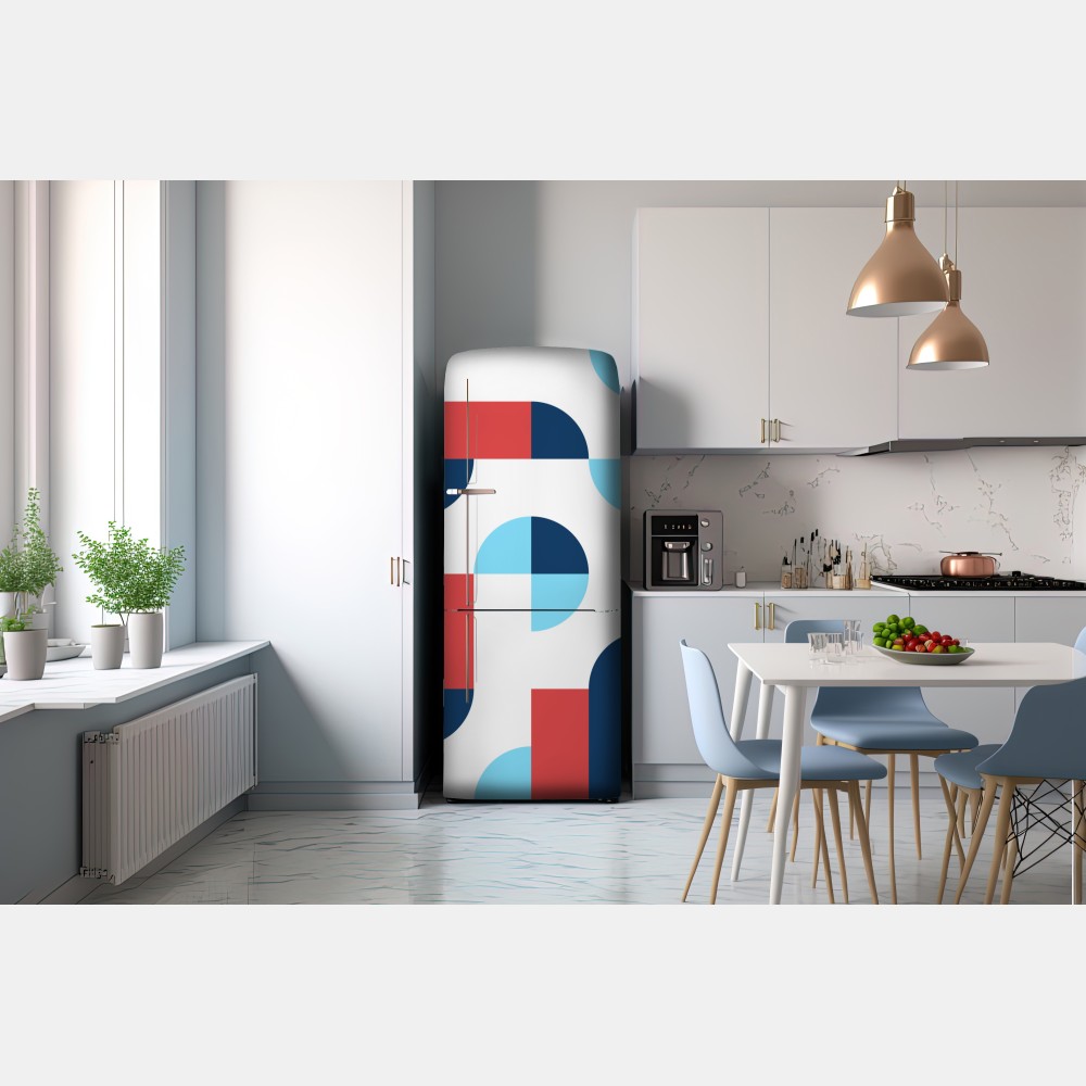 Naklejka na lodówkę odważny geometryczny wzór w granacie i koralu – Wallissimo® Naklejka na lodówkę odważny geometryczny wzór w granacie i koralu – Wallissimo®