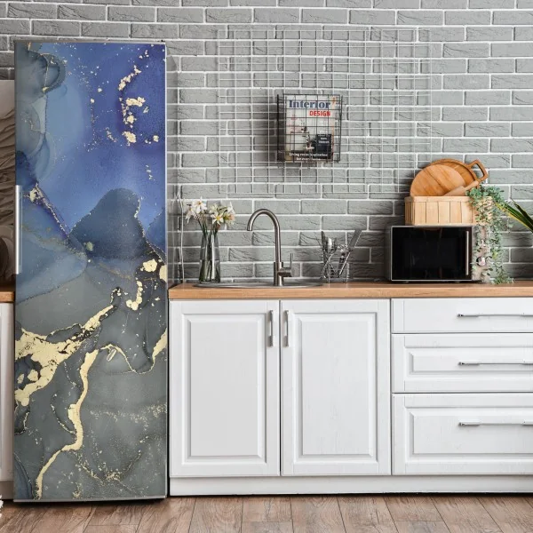 Naklejka na lodówkę luksusowa niebiesko-złota abstrakcja fluidalna – Wallissimo® Naklejka na lodówkę luksusowa niebiesko-złota abstrakcja fluidalna – Wallissimo®
