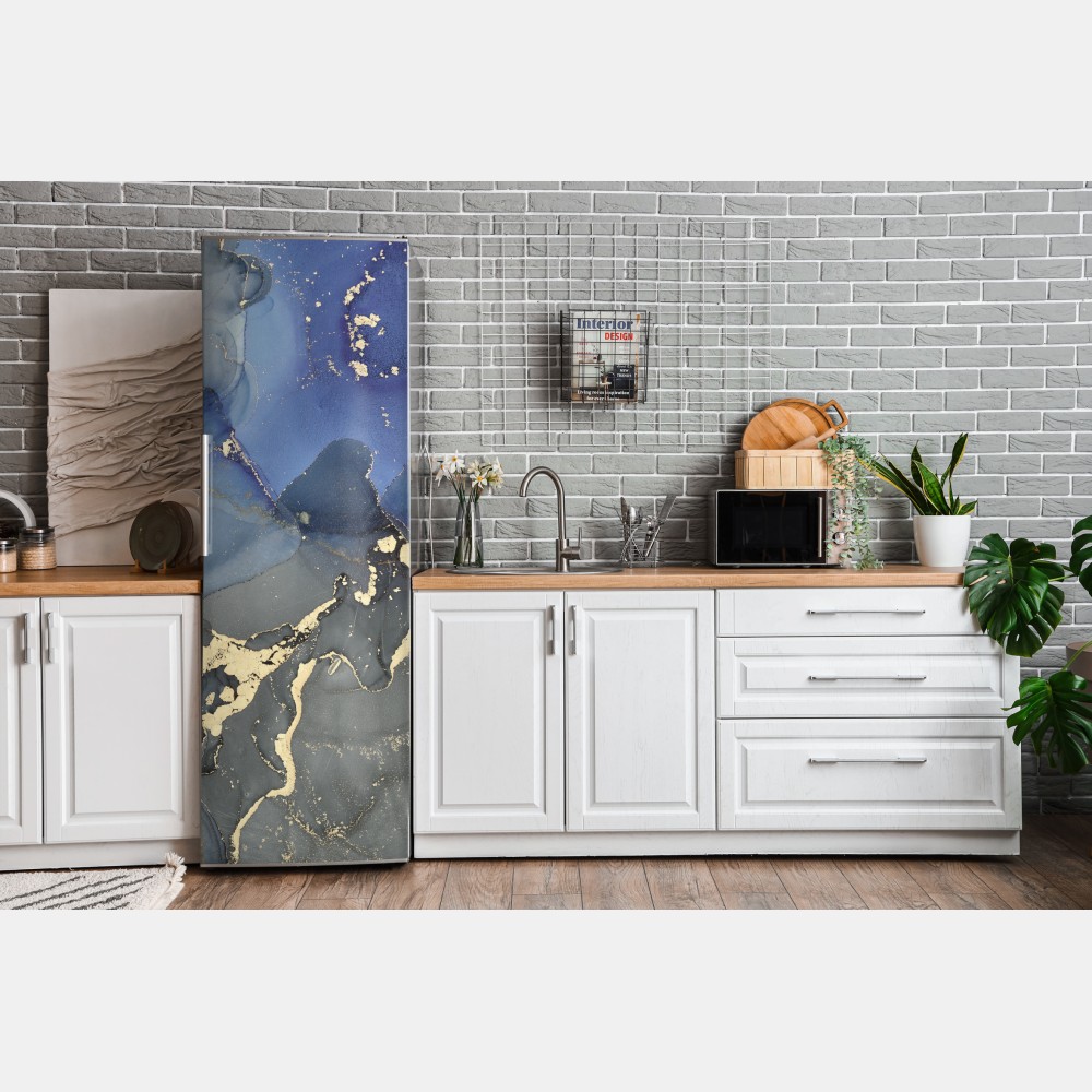 Naklejka na lodówkę luksusowa niebiesko-złota abstrakcja fluidalna – Wallissimo® Naklejka na lodówkę luksusowa niebiesko-złota abstrakcja fluidalna – Wallissimo®
