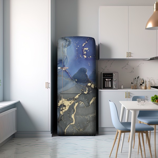 Naklejka na lodówkę luksusowa niebiesko-złota abstrakcja fluidalna – Wallissimo® Naklejka na lodówkę luksusowa niebiesko-złota abstrakcja fluidalna – Wallissimo®