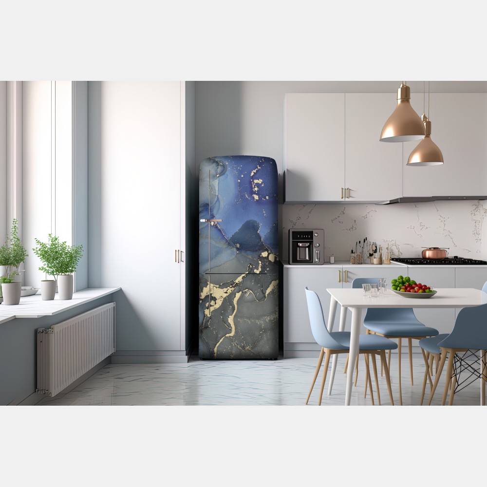 Naklejka na lodówkę luksusowa niebiesko-złota abstrakcja fluidalna – Wallissimo® Naklejka na lodówkę luksusowa niebiesko-złota abstrakcja fluidalna – Wallissimo®
